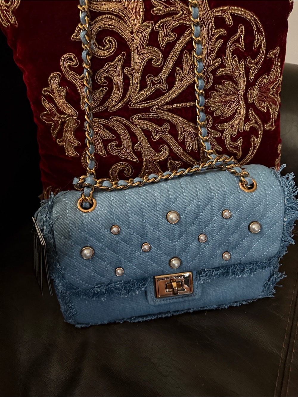 Karl Lagerfield Paris Agyness Quilted Denim Pearl-Stud Shoulder Bag - Blue